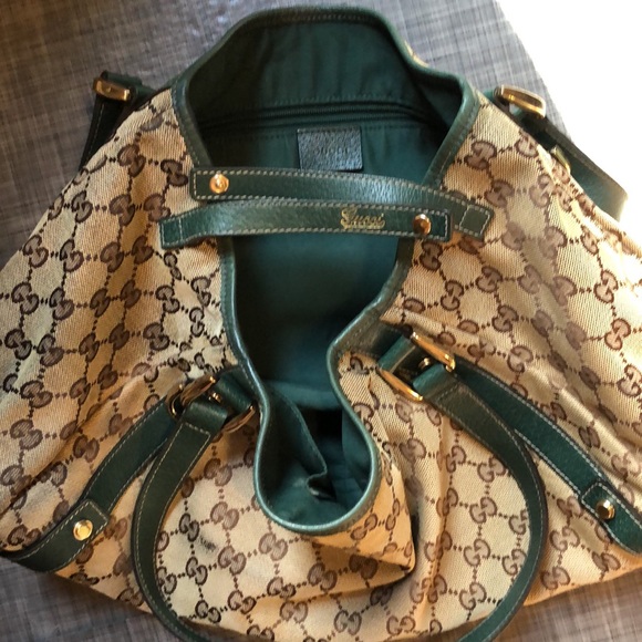 Gucci Handbags - Original Gucci GG Tan and Brown Canvas ABBEY Tote with Green Leather